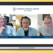 Médicos participando en un panel virtual a través de una computadora portátil, representando la cumbre de trauma de UMC y la colaboración médica regional.