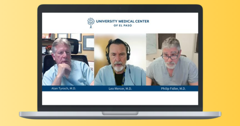 Médicos participando en un panel virtual a través de una computadora portátil, representando la cumbre de trauma de UMC y la colaboración médica regional.