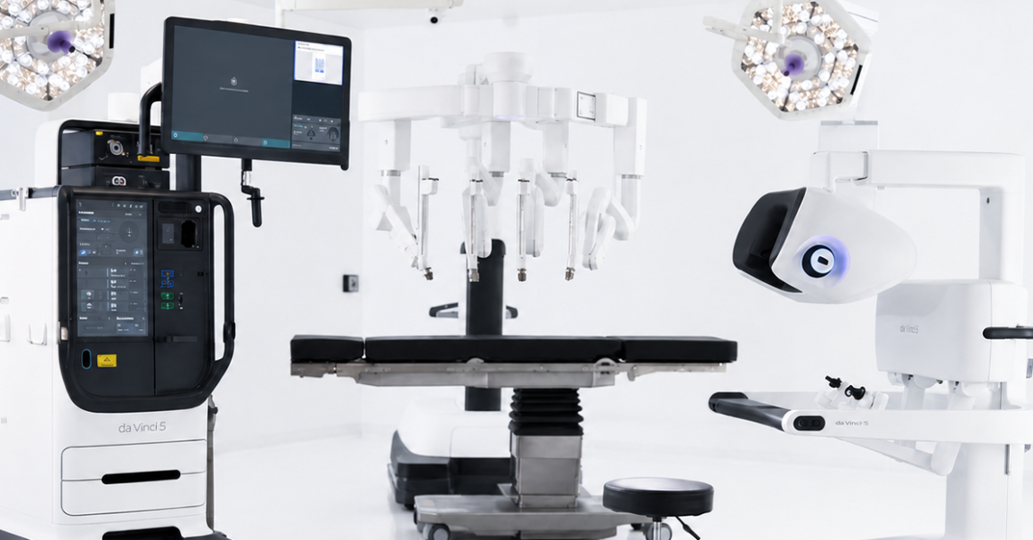 Quirófano moderno equipado con tecnología robótica avanzada, que cuenta con múltiples brazos robóticos articulados y pantallas de computadora, creando un entorno de alta tecnología, moderno e innovador.