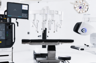 Quirófano moderno equipado con tecnología robótica avanzada, que cuenta con múltiples brazos robóticos articulados y pantallas de computadora, creando un entorno de alta tecnología, moderno e innovador.