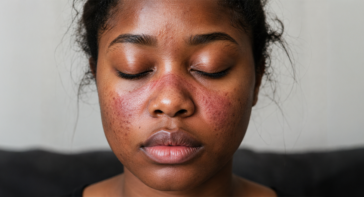 Una persona con los ojos cerrados y rojez en la nariz y mejillas, síntomas de lupus.