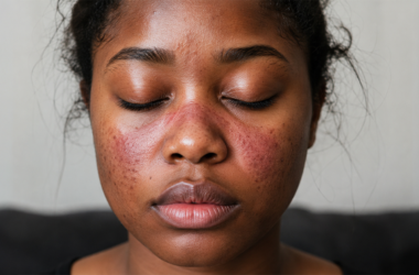 Una persona con los ojos cerrados y rojez en la nariz y mejillas, síntomas de lupus.