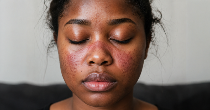 Una persona con los ojos cerrados y rojez en la nariz y mejillas, síntomas de lupus.