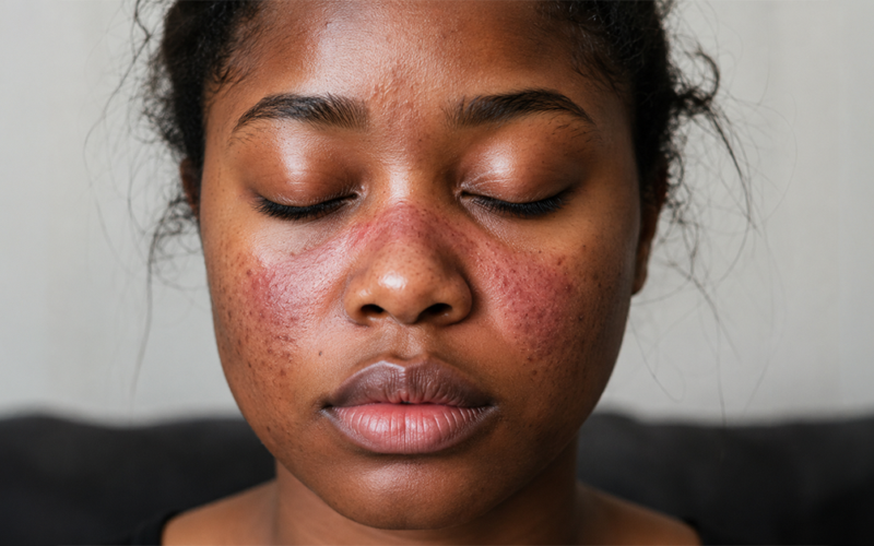 Una persona con los ojos cerrados y rojez en la nariz y mejillas, síntomas de lupus.