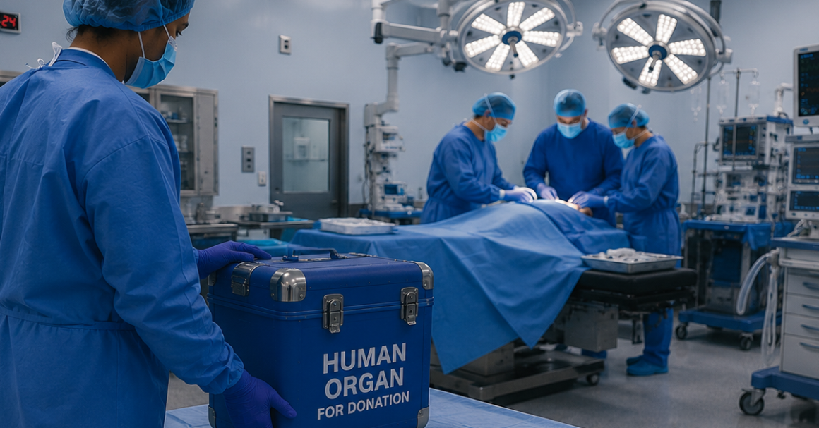 Un equipo de cirujanos llevando a cabo un trasplante de órganos mientras un miembro del equipo lleva una hielera en donde se lee "Human Organ for Donation," o en español "Órgano humano para donación."
