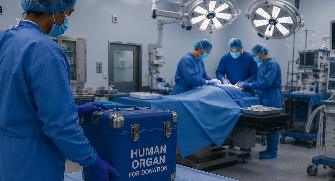 Un equipo de cirujanos llevando a cabo un trasplante de órganos mientras un miembro del equipo lleva una hielera en donde se lee "Human Organ for Donation," o en español "Órgano humano para donación."