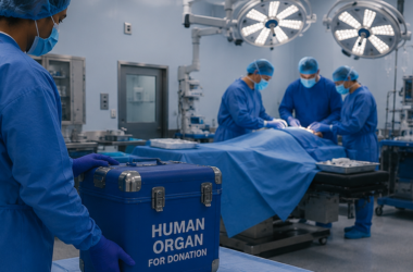 Un equipo de cirujanos llevando a cabo un trasplante de órganos mientras un miembro del equipo lleva una hielera en donde se lee "Human Organ for Donation," o en español "Órgano humano para donación."