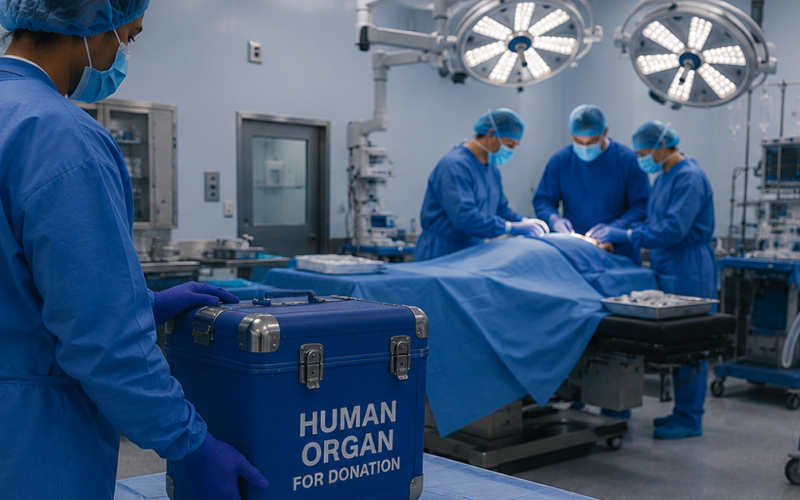 Un equipo de cirujanos llevando a cabo un trasplante de órganos mientras un miembro del equipo lleva una hielera en donde se lee "Human Organ for Donation," o en español "Órgano humano para donación."