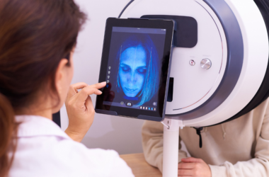Una dermatóloga revisando la piel de una persona a través de una máquina de análisis facial.