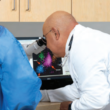 El Dr. Jesús Gómez, hematólogo y oncólogo médico certificado por el consejo de especialidad, examina imágenes de datos multicolores mediante un microscopio conectado a una pantalla de computadora.