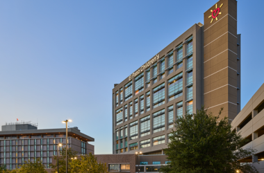 Exterior view of El Paso Children's Hospital at University Medical Center of El Paso at dusk.