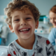 Niño sonriendo en una cama de hospital con una enfermera detrás.