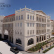Representación digital del Steve and Nancy Fox Cancer Center de Texas Tech Health El Paso, un edificio de piedra con arcos