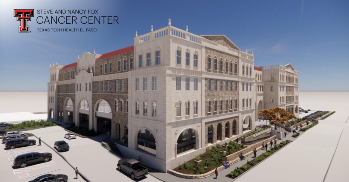 Representación digital del Steve and Nancy Fox Cancer Center de Texas Tech Health El Paso, un edificio de piedra con arcos