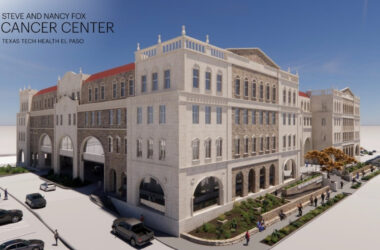 Representación digital del Steve and Nancy Fox Cancer Center de Texas Tech Health El Paso, un edificio de piedra con arcos