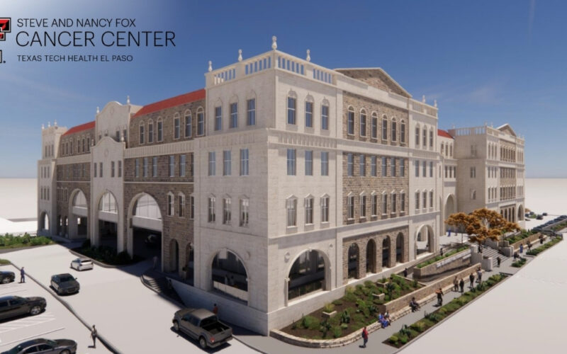 Representación digital del Steve and Nancy Fox Cancer Center de Texas Tech Health El Paso, un edificio de piedra con arcos